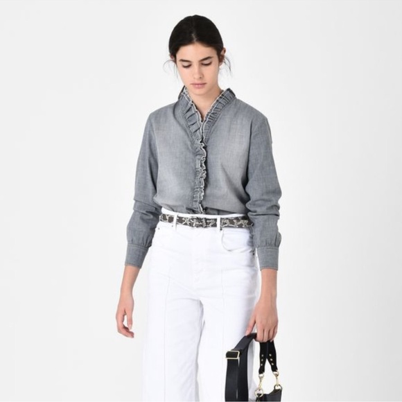 Isabel Marant Etoile Lawendy Gray Chambray Ruffle Blouse Top Size 40 US 8 - Picture 10 of 10